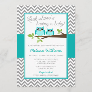 Invitación Chevron Boy Chevron Gris de Lechuza Azul verde azu