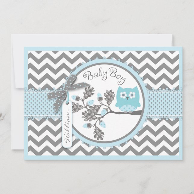 Invitación Chevron de búho azul Imprimir Baby Shower (Anverso)