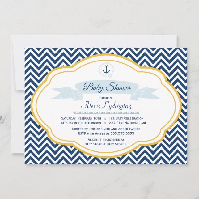 Invitación Chevron de oro de la marina náutica una ducha de b (Anverso)