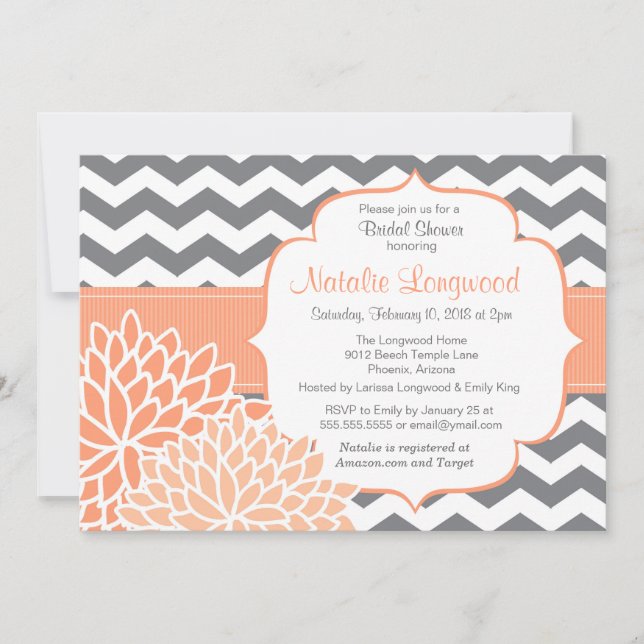 Invitación Chevron Floral bebé moderno o durazno de ducha de  (Anverso)