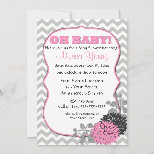 Invitación Chevron floral rosa Baby Shower invitado (Anverso)