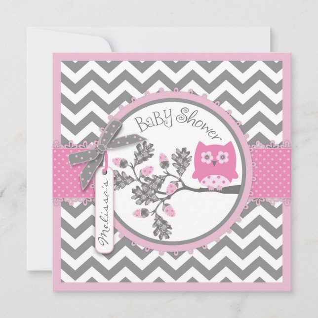 Invitación Chevron Girl Owl Imprimir Baby Shower (Anverso)