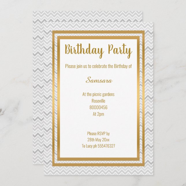INVITACIÓN CHEVRON GRAY LAYER GOLD TODAS LAS OCASIONES CUMPLE (Anverso / Reverso)