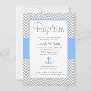 Invitación Chevron Gris Cruz Azul Baptismo Bastante Cristiano