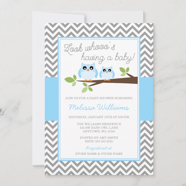 Invitación Chevron gris de búho azul Baby Shower (Anverso)