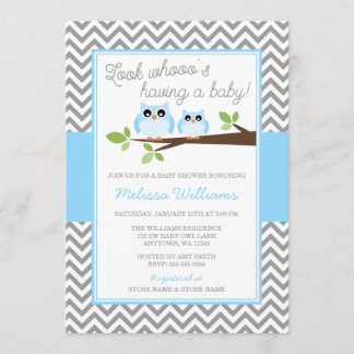 Invitación Chevron gris de búho azul Baby Shower