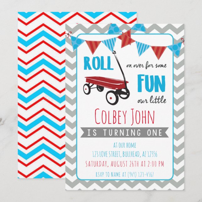 Invitación Chevron gris de cumpleaños de niño pequeño vagón r (Anverso / Reverso)