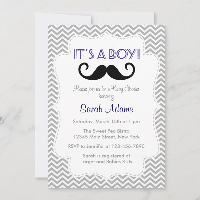 Invitación Chevron gris invitado a Baby Shower Mustache Boy (Anverso)