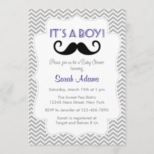Invitación Chevron gris invitado a Baby Shower Mustache Boy