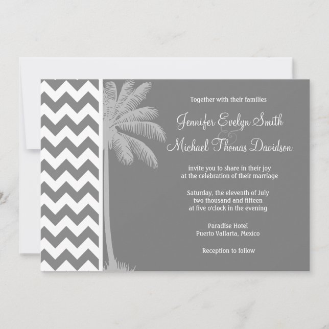 Invitación Chevron gris oscuro; Palm tropical (Anverso)