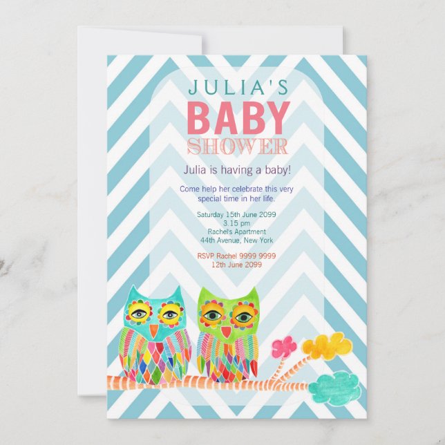 Invitación Chevron Lechuzas arcoiris invitan a Baby Shower (Anverso)