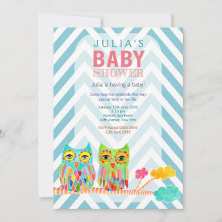 Invitación Chevron Lechuzas arcoiris invitan a Baby Shower