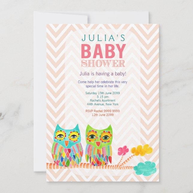 Invitación Chevron Lechuzas arcoiris invitan a Baby Shower (Anverso)