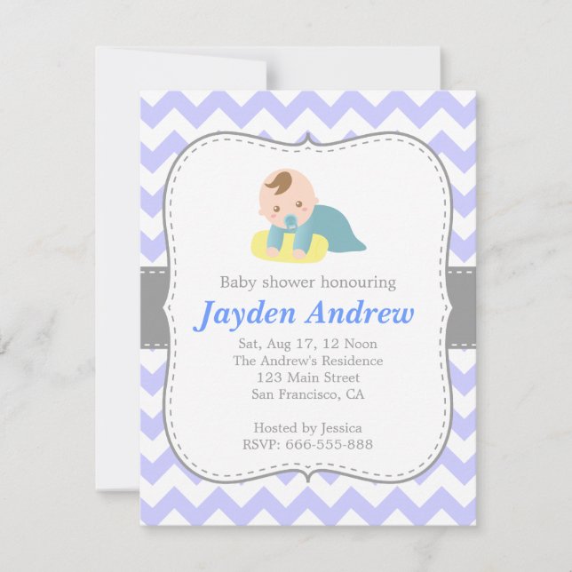 Invitación Chevron lindo del muchacho Baby Shower, azul y (Anverso)