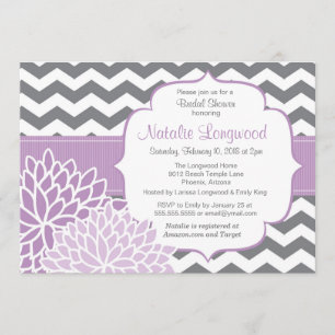 Invitación Chevron Moderno Bebé floral o ducha de novia púrpu