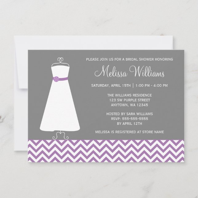 Invitación Chevron moderno con ducha de novia gris morado (Anverso)