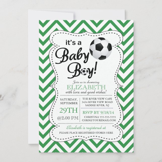 Invitación Chevron moderno es un Baby Shower de fútbol para n (Anverso)