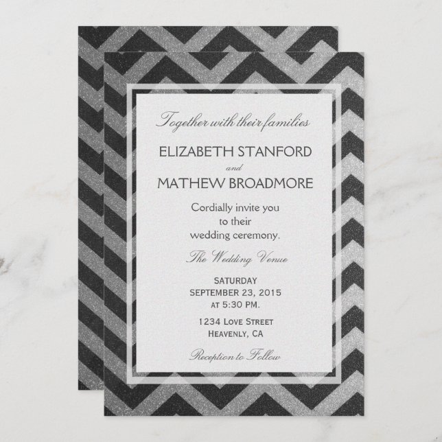 Invitación Chevron moderno negro y plateado (Anverso / Reverso)