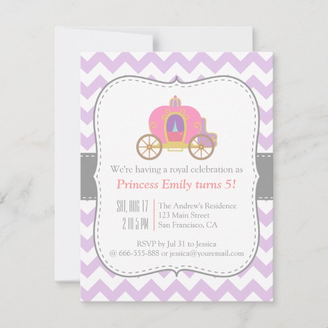 Invitación Chevron Morado, Cumpleaños de Princesa en Carruaje (Anverso)