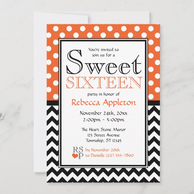 Invitación Chevron, Naranja de Polka Dot, Dulce Dieciséis Inv (Anverso)
