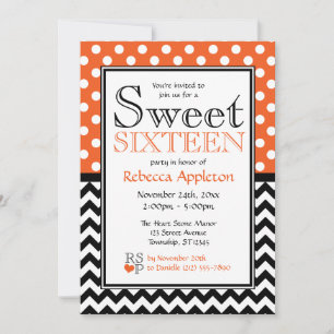 Invitación Chevron, Naranja de Polka Dot, Dulce Dieciséis Inv