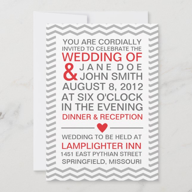 Invitación Chevron perfecto/rojo y gris del zigzag (Anverso)