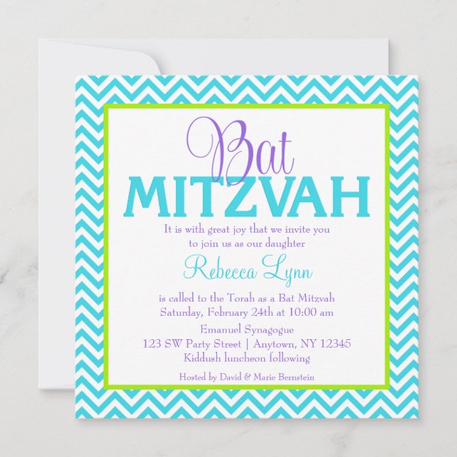 Invitación Chevron Purple Verde azulada Blue Green Bat Mitzva (Anverso)