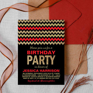 Invitación Chevron Purpurina Rojo y Oro Fiesta de Cumpleaños