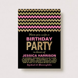 Invitación Chevron, Purpurina rosado y de oro, fiesta de cum