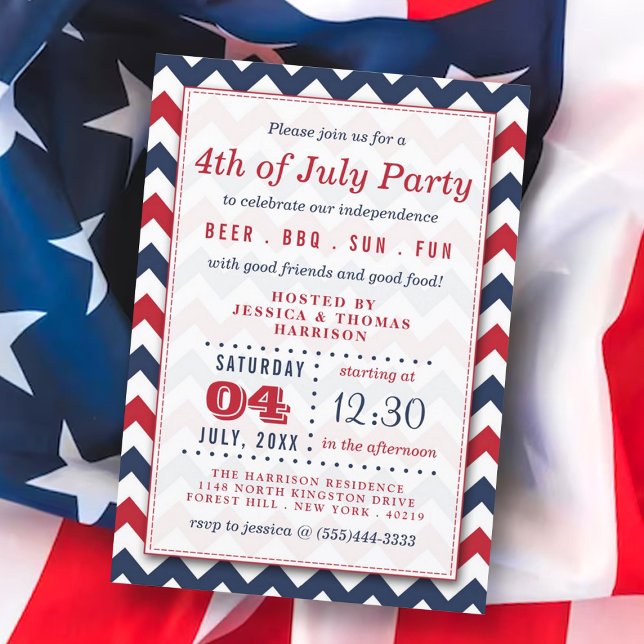 Invitación Chevron Rojo, Blanco Y Azul 4 De Julio Fiesta (Subido por el creador)