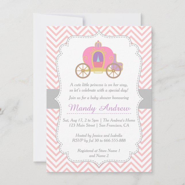 Invitación Chevron Rosa, Carruaje de Princesa, Shower de Bebé (Anverso)