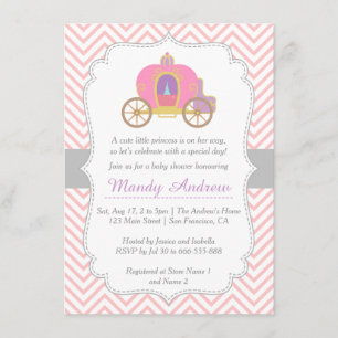 Invitación Chevron Rosa, Carruaje de Princesa, Shower de Bebé