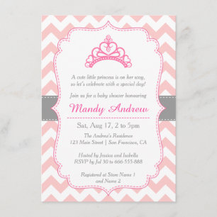 Invitación Chevron Rosa, Corona de Princesa, Shower de Bebé N