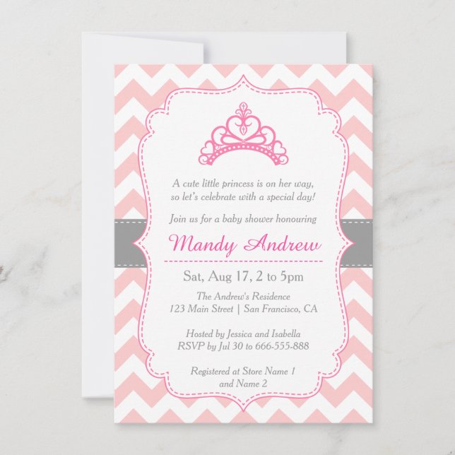 Invitación Chevron Rosa, Corona Princesa, Chica Baby Shower (Anverso)