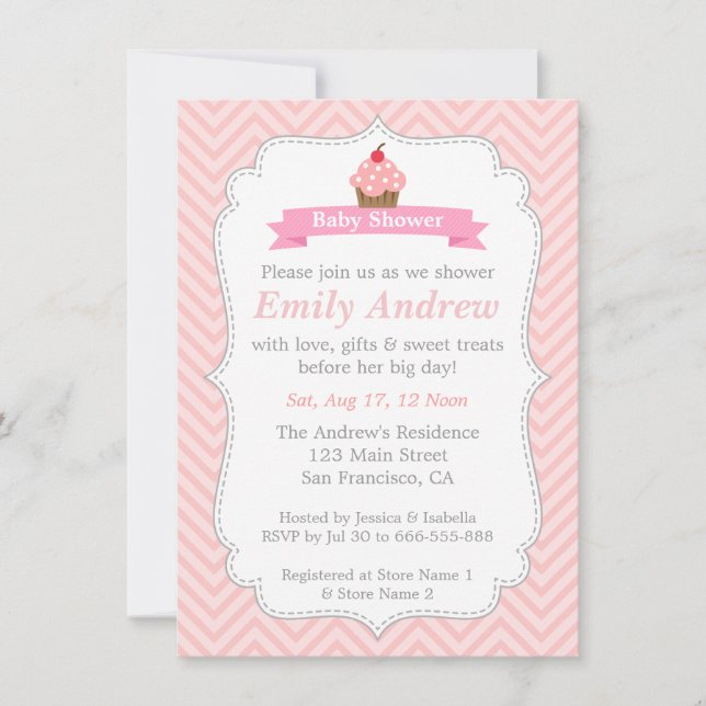 Invitación Chevron Rosa, Cupcake Dulce, Baby Shower (Anverso)