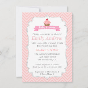 Invitación Chevron Rosa, Cupcake Dulce, Baby Shower