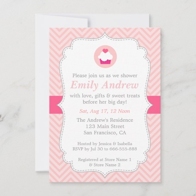 Invitación Chevron Rosa, Cupcake Dulce, Fiesta de Bebé (Anverso)