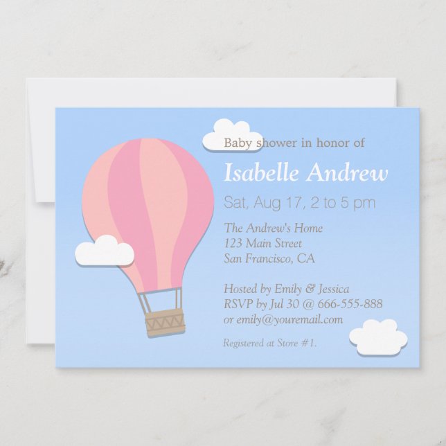 Invitación Chevron Rosa, Globo Aerostático, Shower de Bebé Ni (Anverso)