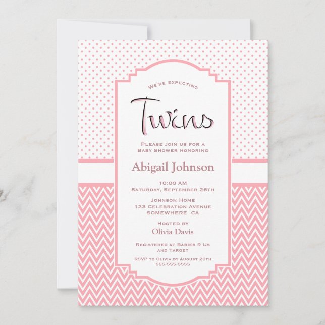 Invitación Chevron Rosa Stripes Polka Dots Twins Baby Shower (Anverso)