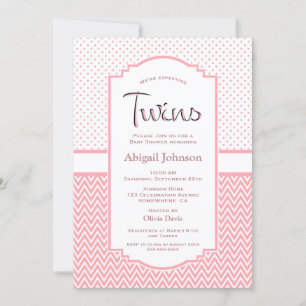 Invitación Chevron Rosa Stripes Polka Dots Twins Baby Shower