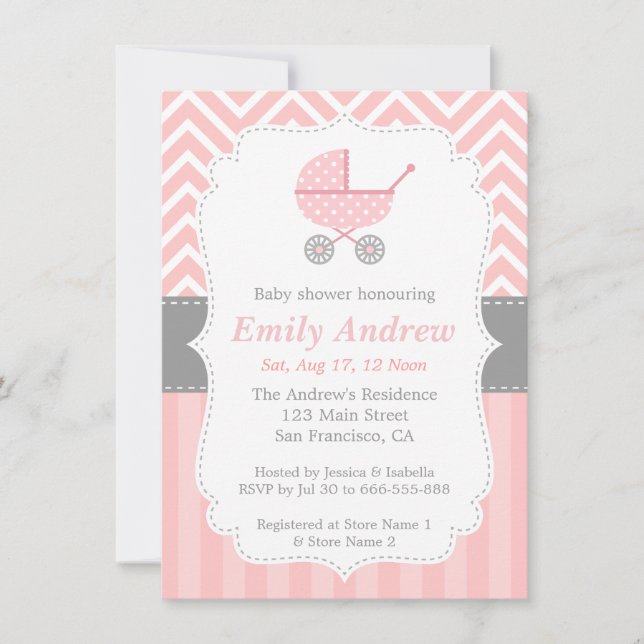 Invitación Chevron Rosa y Blanco, Cochecito, Fiesta de Bebé N (Anverso)