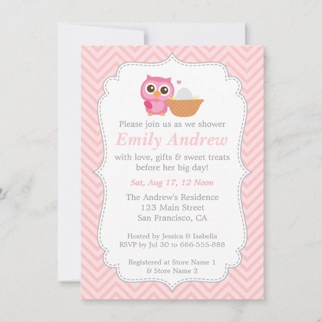 Invitación Chevron rosado, Baby Shower de búho curado (Anverso)