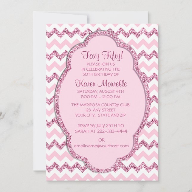 Invitación Chevron Rosado Chevron Mujeres 50 cumpleaños (Anverso)