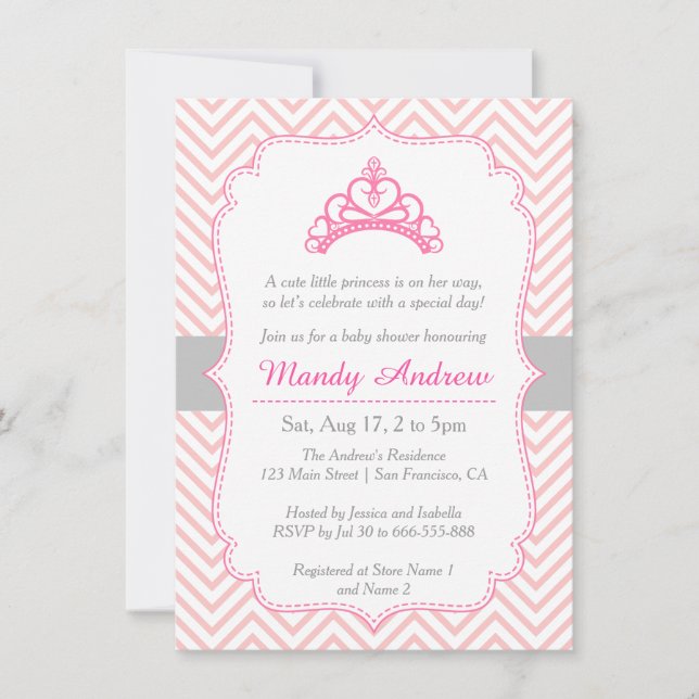 Invitación Chevron rosado, princesa Crown, chica Baby Shower (Anverso)
