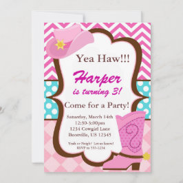 Invitación Chevron rosado, puntos azules, cumpleaños de la