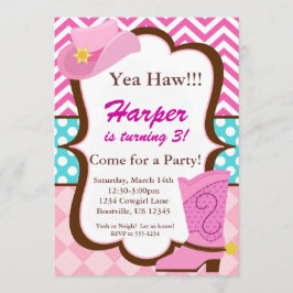 Invitación Chevron rosado, puntos azules, cumpleaños de la