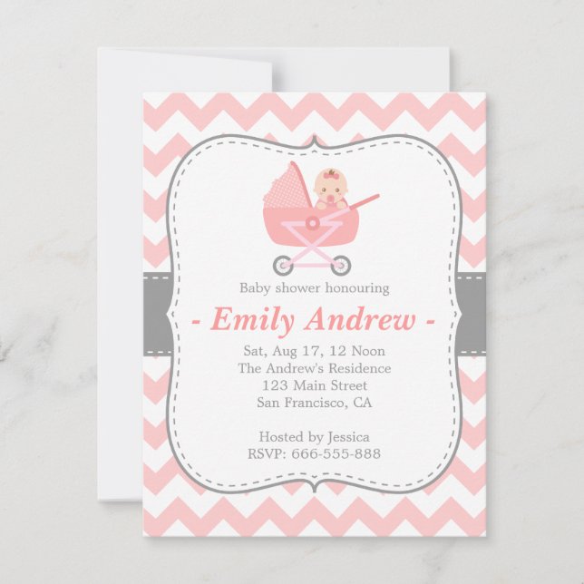 Invitación Chevron rosado y blanco de Baby Shower - con el (Anverso)