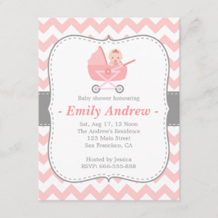 Invitación Chevron rosado y blanco de Baby Shower - con el