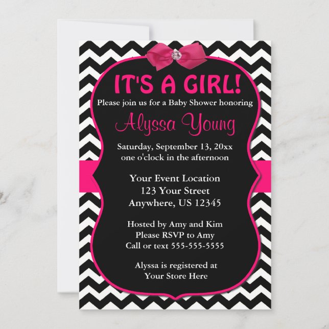 Invitación Chevron rosado y negro Baby Shower invita (Anverso)
