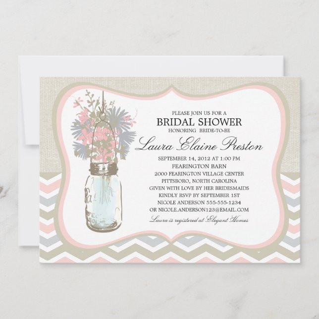 Invitación Chevron Rustic Moda Mason Jar Bridal Shower (Anverso)